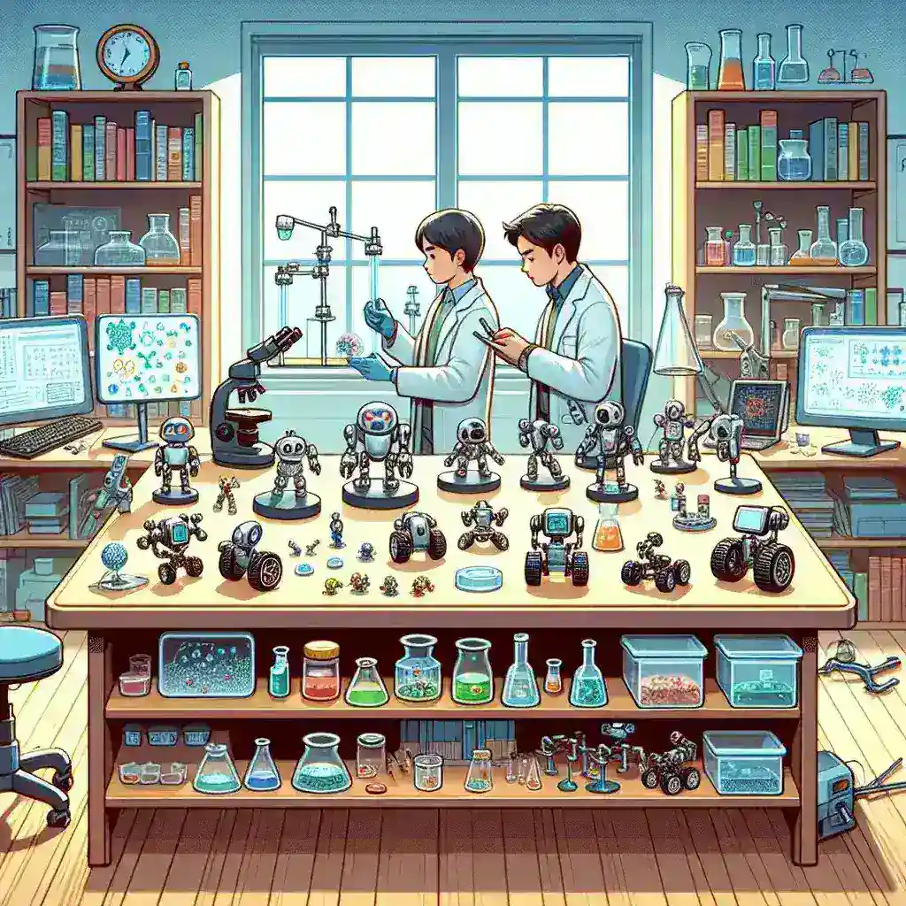 "Close-up of a DIY nanotechnology lab setup with miniature robots and scientific equipment, showcasing tools for experimenting with tiny robotics at home."