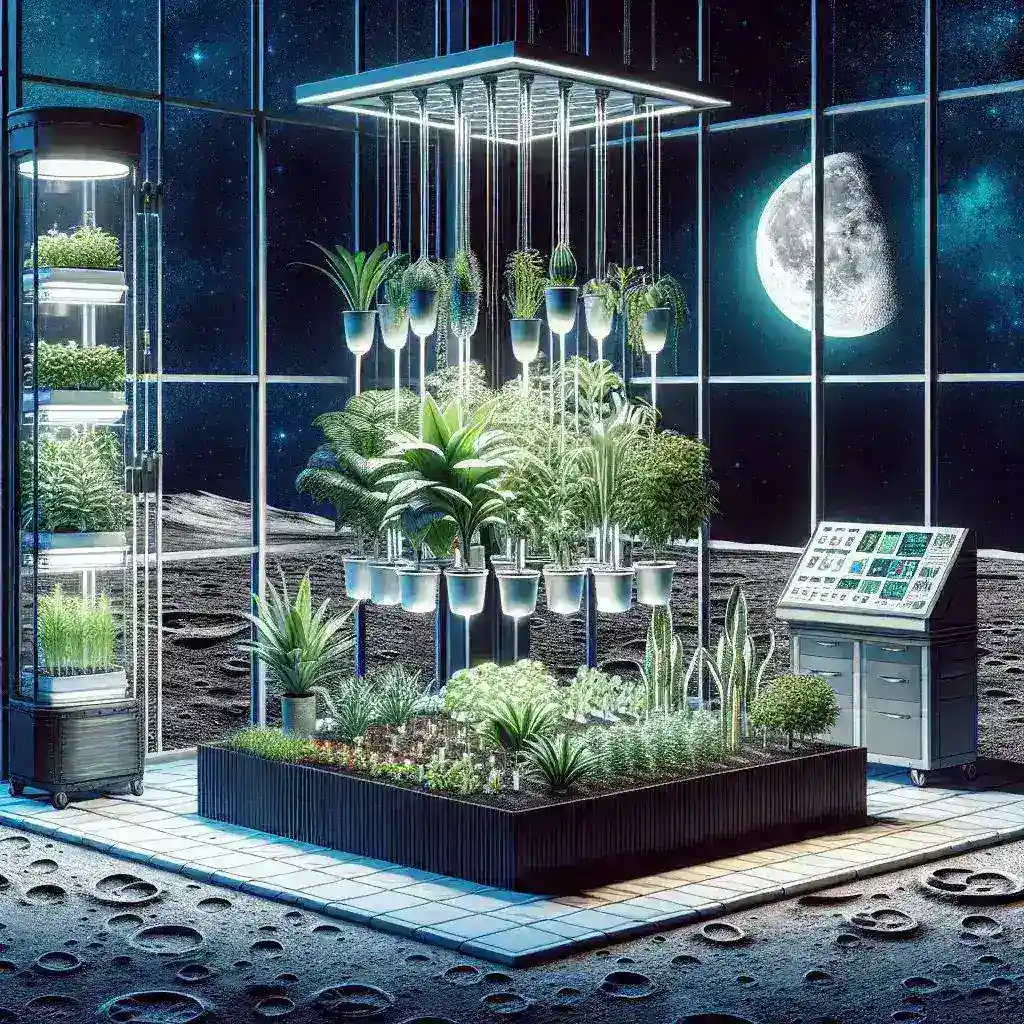"Hydroponic garden featuring vibrant plants under a lunar-inspired LED lighting setup, illustrating innovative space-age gardening techniques for indoor cultivation."